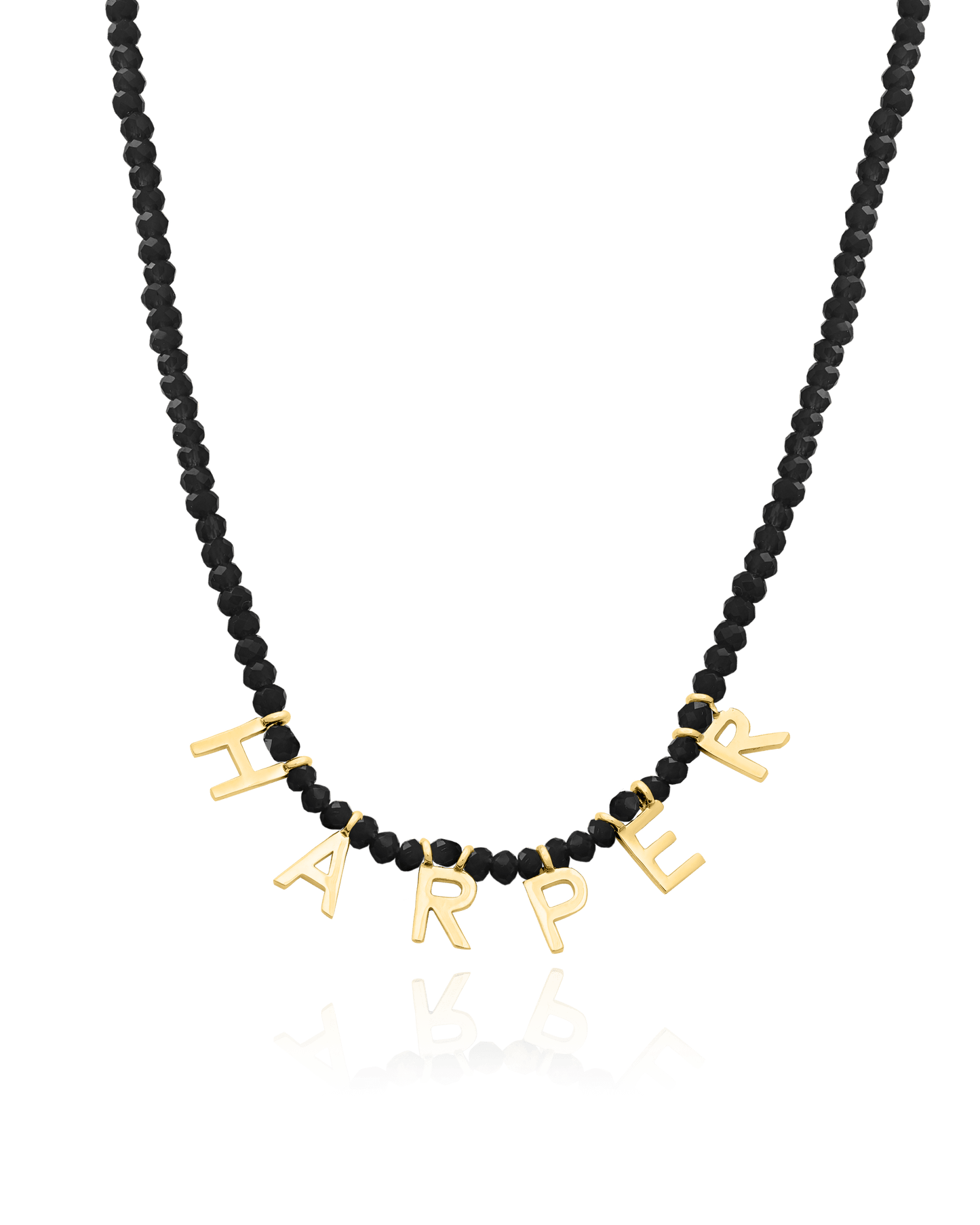 Gemstone & Initial Necklace - 18K Gold Vermeil Necklaces magal-dev Glass Beads Black Spinnel 14" 