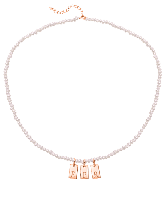 Initial Mini Dogtag & Pearl Necklace - 18K Rose Vermeil Necklaces magal-dev 1 Tag 16"+ 2" extender 