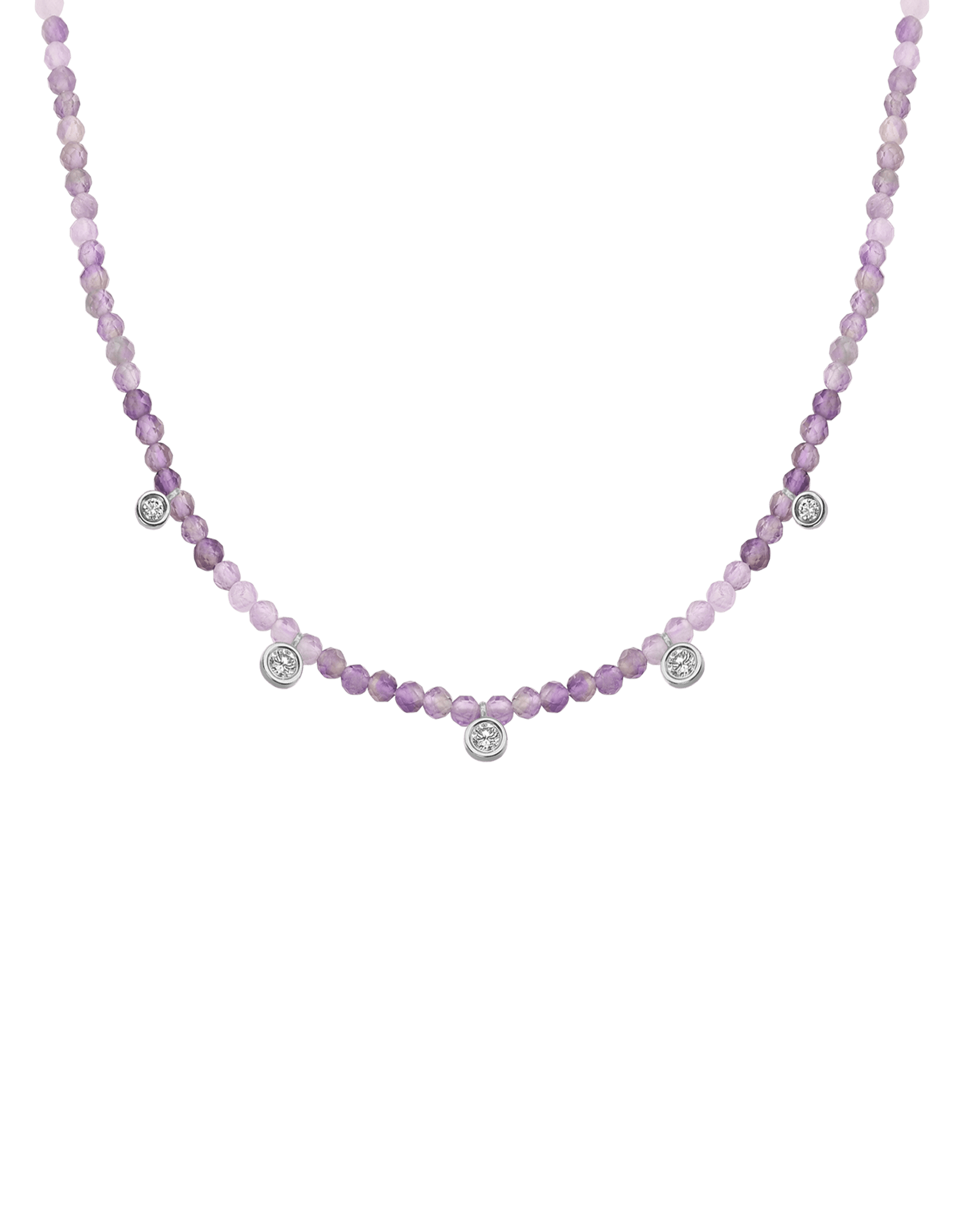 Purple Amethyst Gemstone & Five diamonds Necklace - 14K White Gold Necklaces magal-dev Natural Purple Amethyst 14" - Collar 