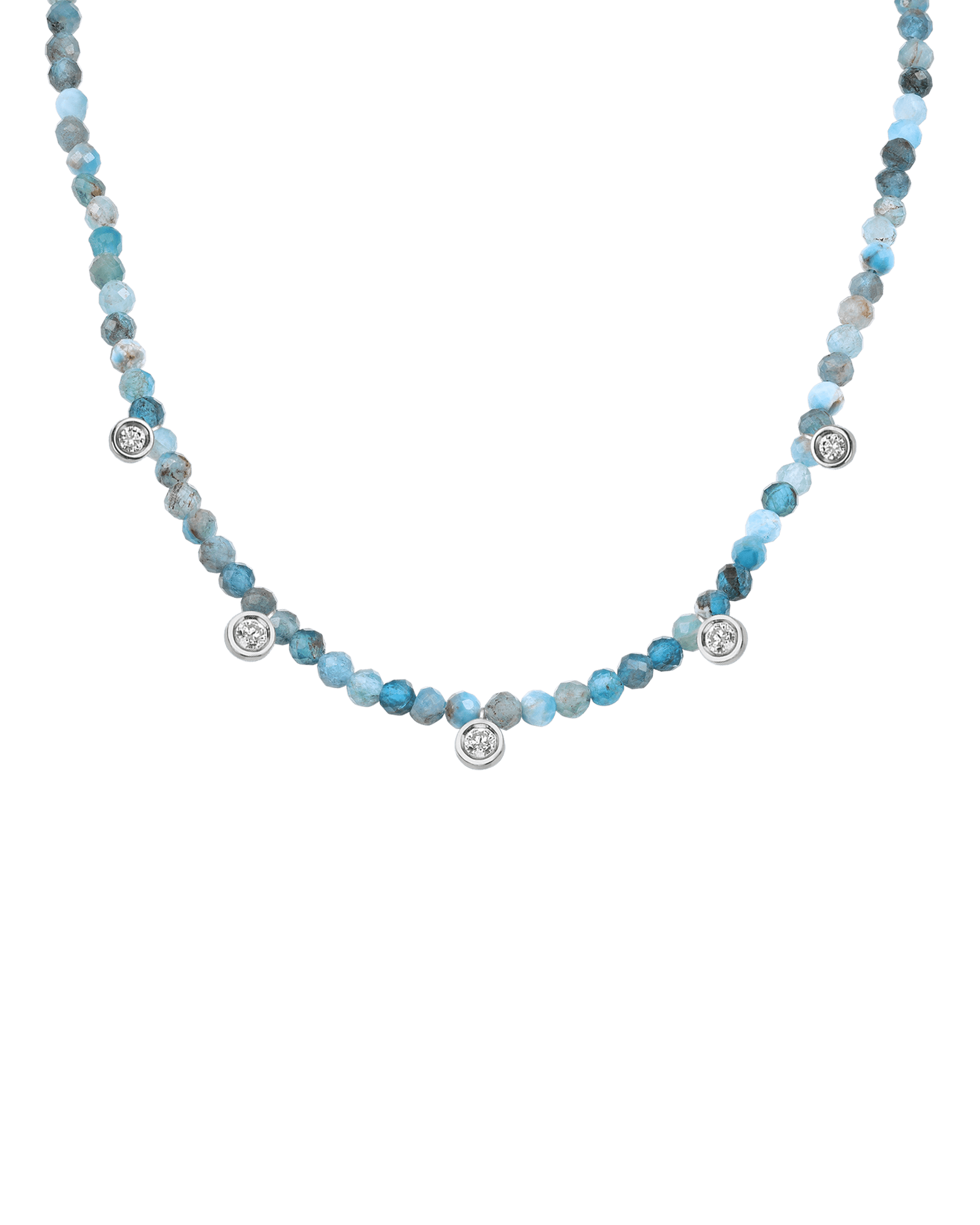 Blue Lapis Gemstone & Five diamonds Necklace - 14K White Gold Necklaces magal-dev Natural Turquoise 14" - Collar 