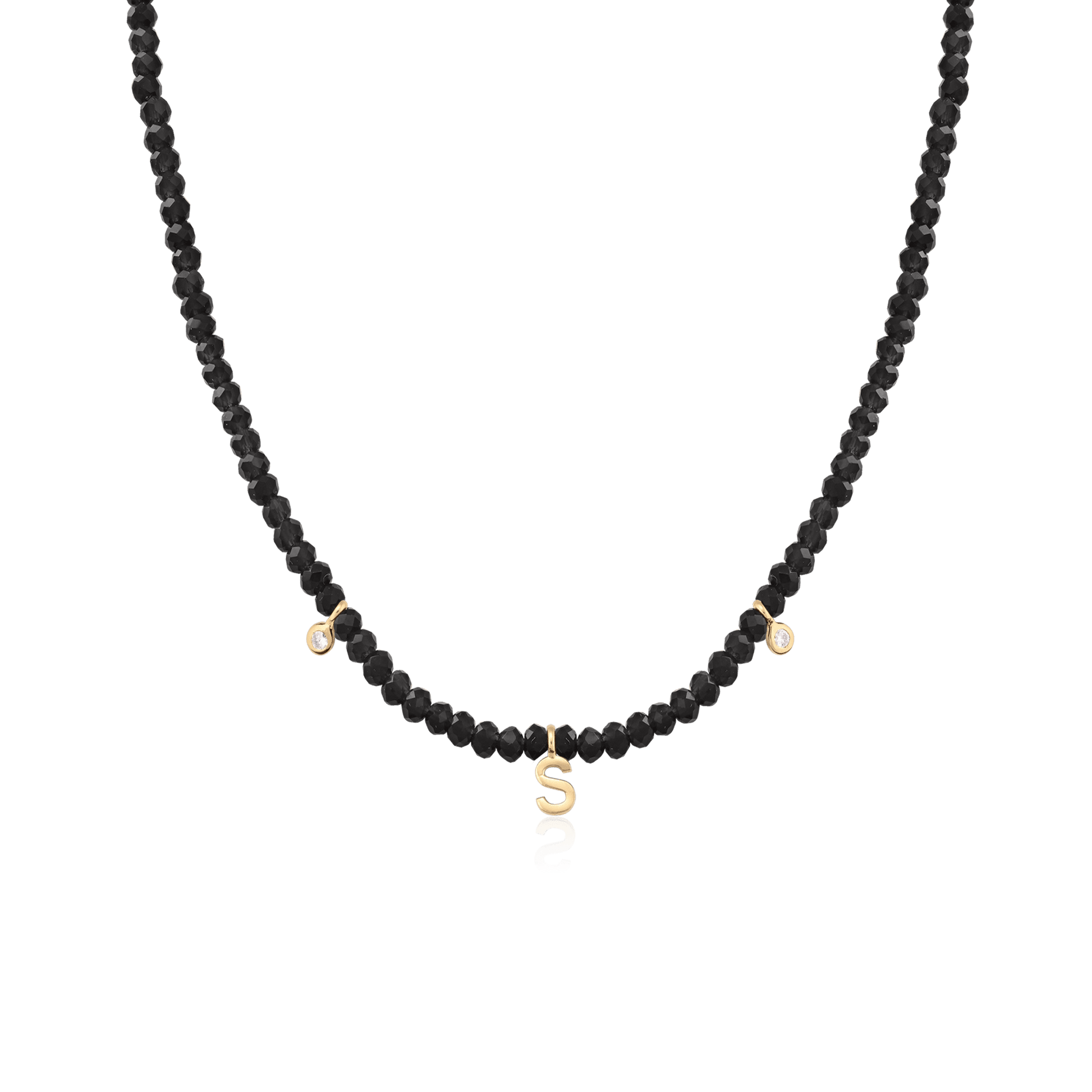 Alexis Necklace - 14K White Gold Necklaces magal-dev Glass Beads Black Spinnel 14" - Collar 