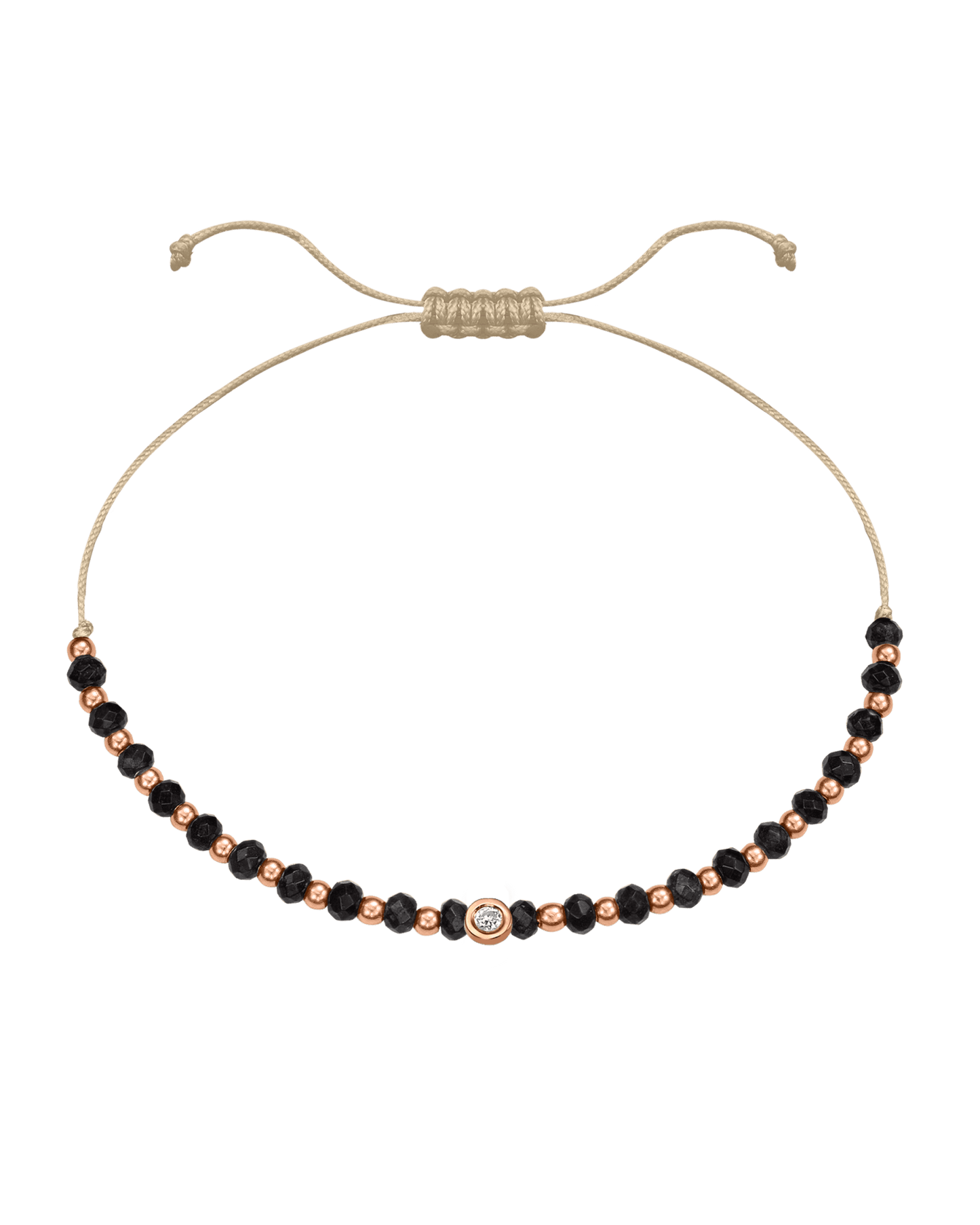 Black Onyx Gemstone String of Love Bracelet for Protection - 14K Rose Gold Bracelets 14K Solid Gold Beige Small: 0.03ct 