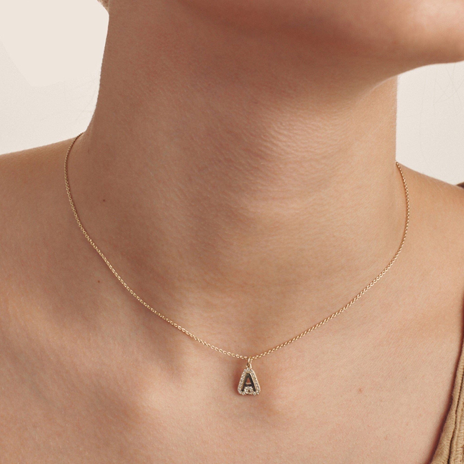 Diamond Bubble Initial Necklace - 14K Rose Gold Necklaces 14K Solid Gold 