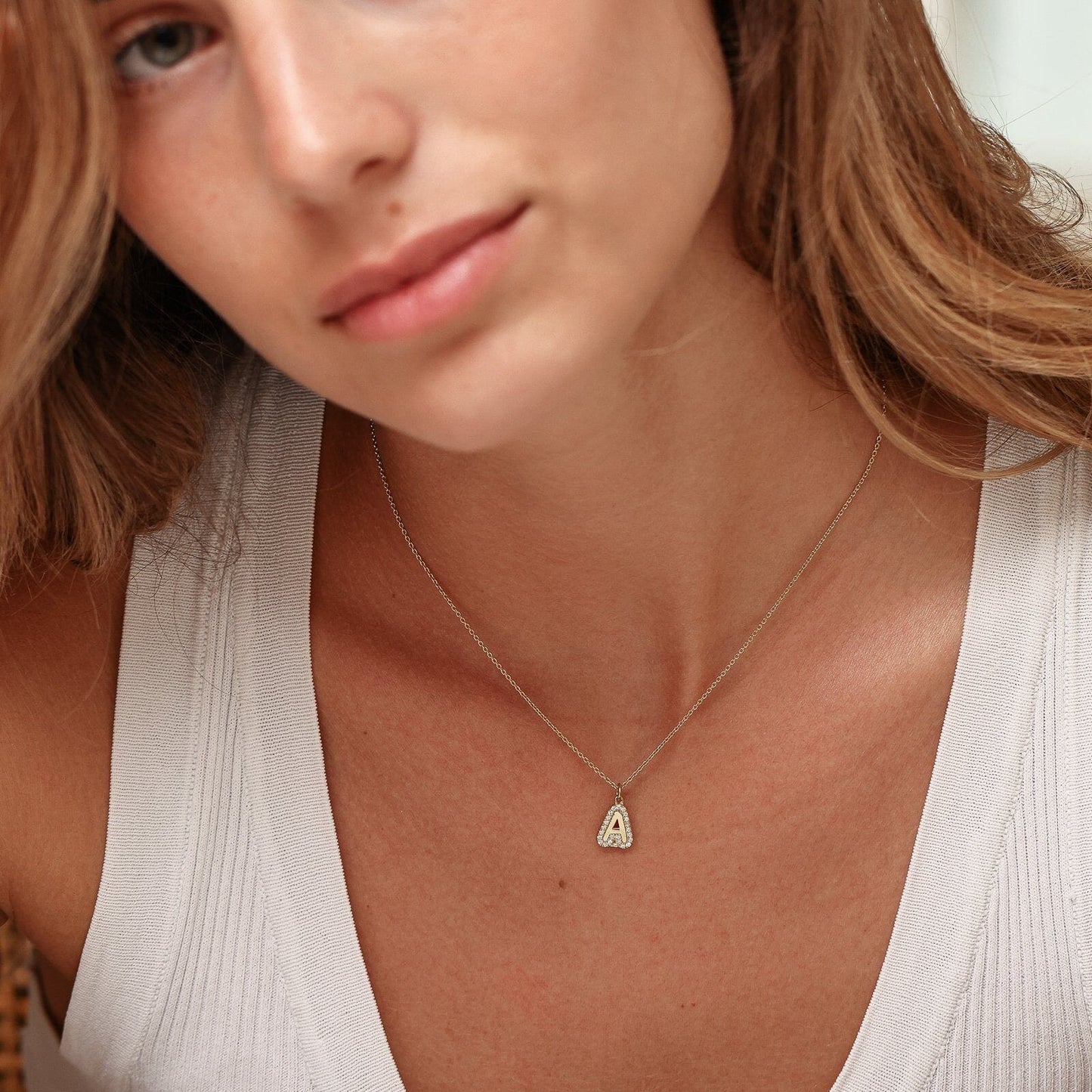 Diamond Bubble Initial Necklace - 14K White Gold Necklaces 14K Solid Gold 