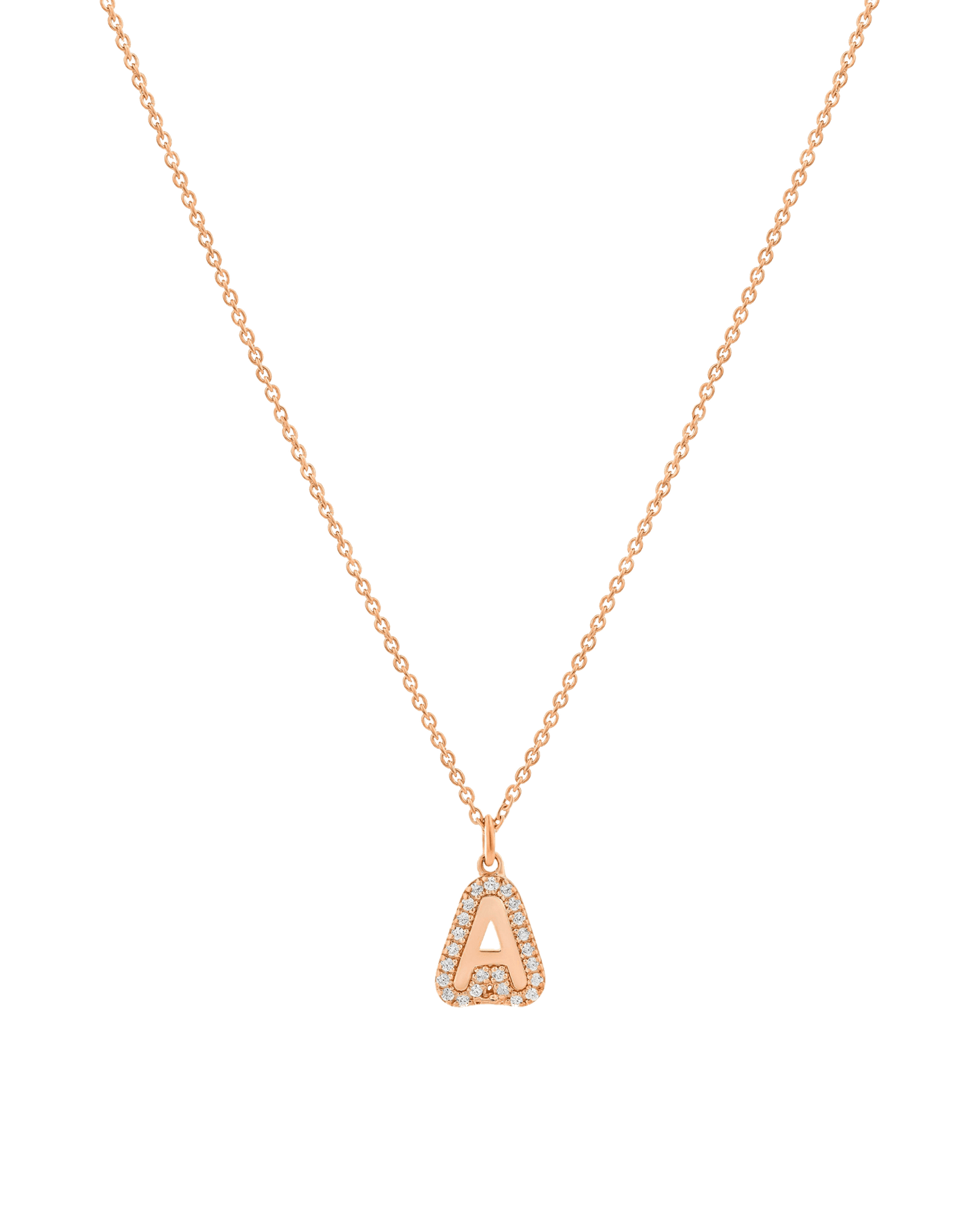Diamond Bubble Initial Necklace - 14K Rose Gold Necklaces 14K Solid Gold Adjustable 16-17" (40cm-43cm) 