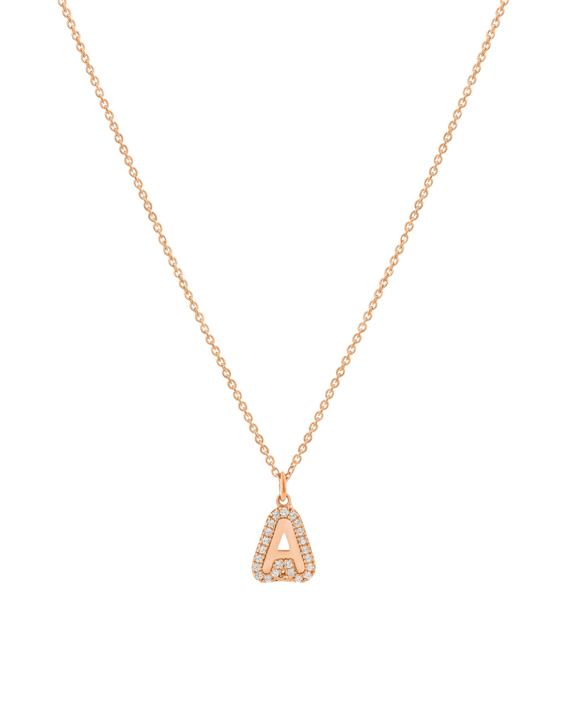 Diamond Bubble Initial Necklace - 14K Rose Gold Necklaces 14K Solid Gold Adjustable 16-17" (40cm-43cm) 