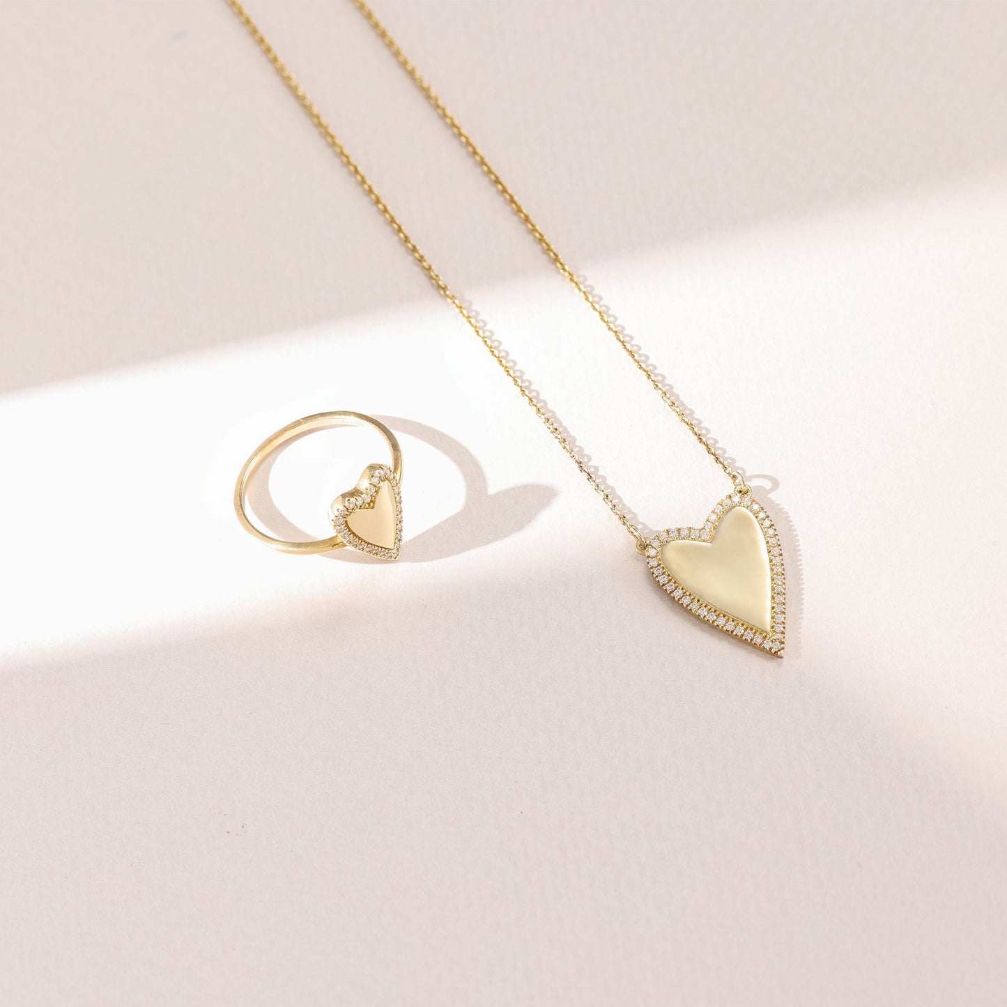 Diamond Outlined Heart Ring - 14K Rose Gold Rings 14K Solid Gold 