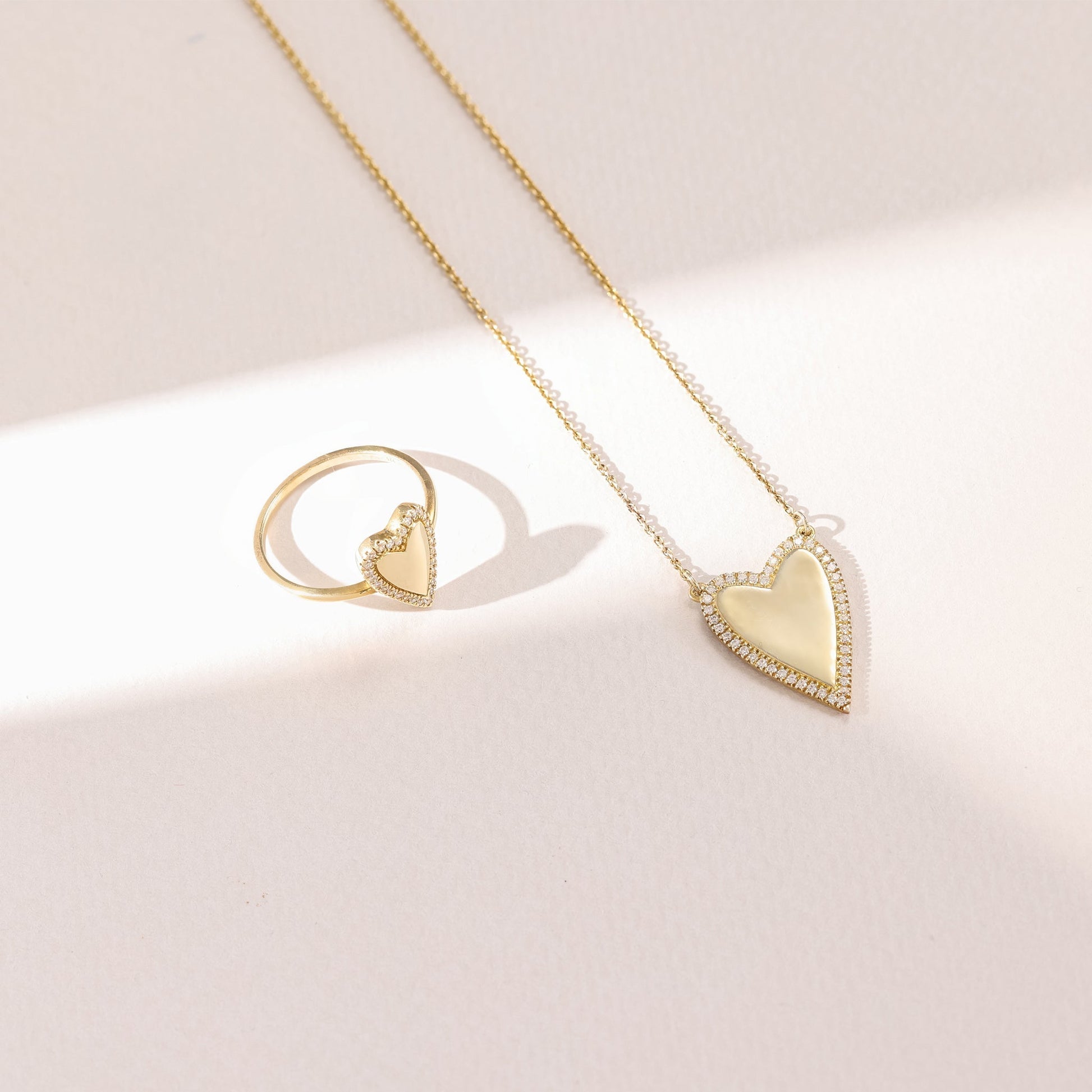 Diamond Outlined Heart Ring - 14K Rose Gold Rings 14K Solid Gold 