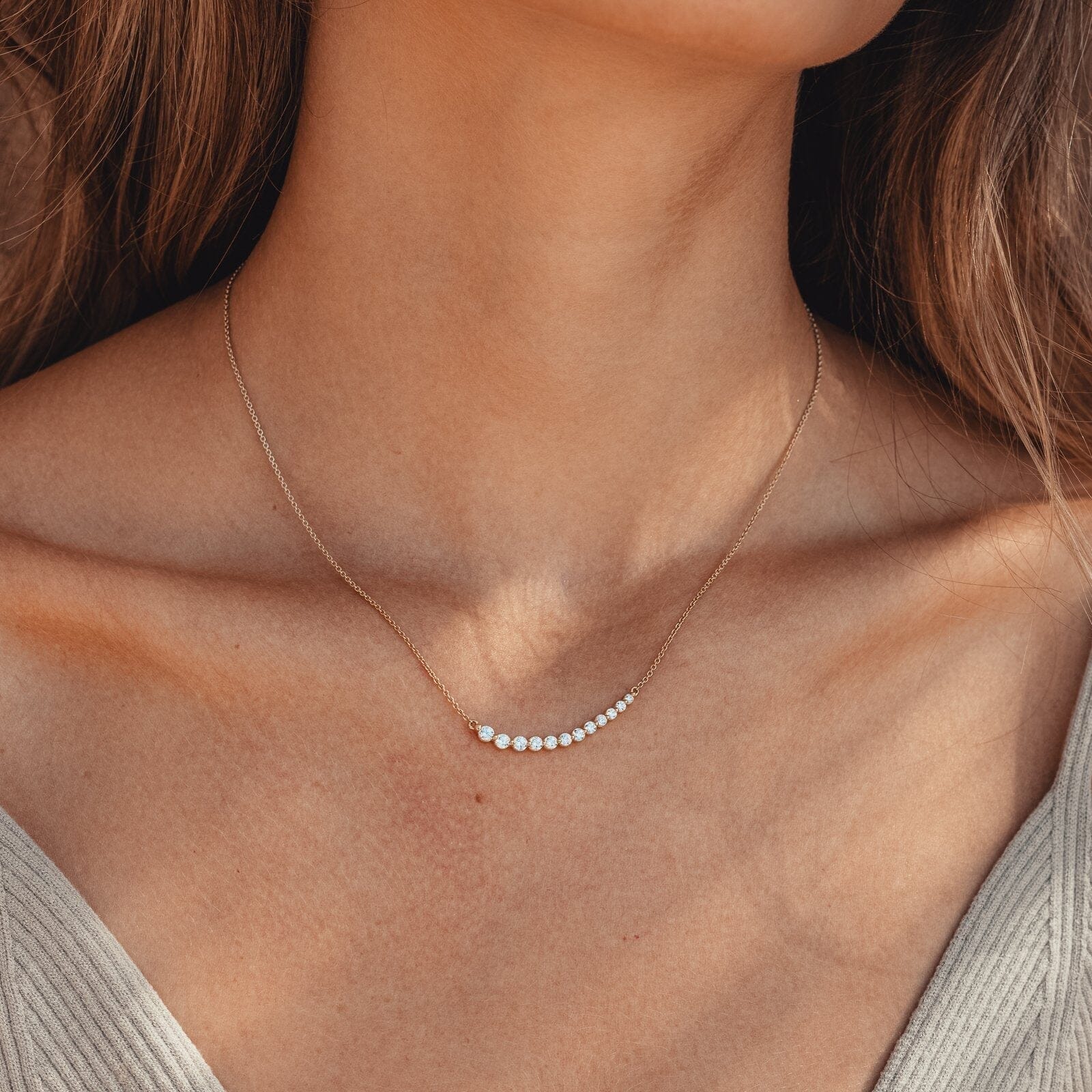 Diamonds Bezel Bar Necklace - 14K Rose Gold Necklaces magal-dev 