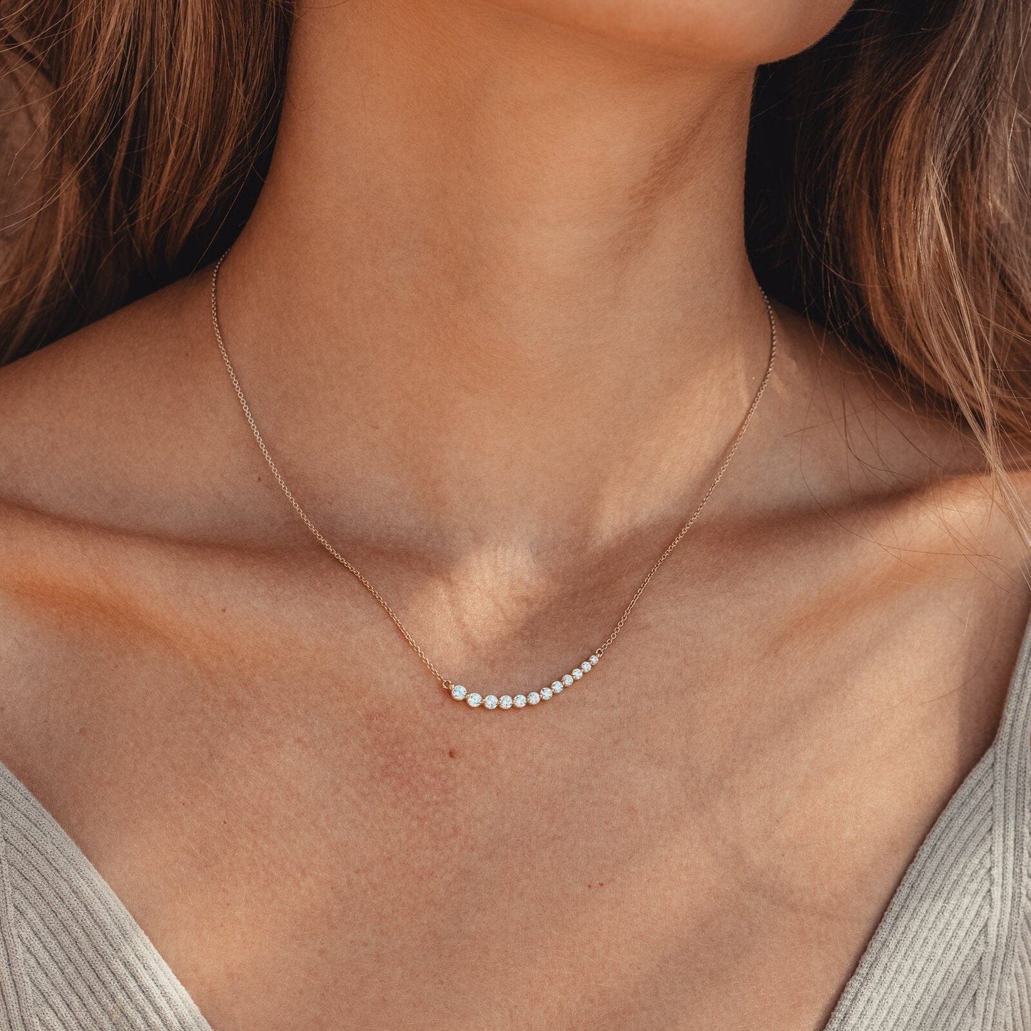 Diamonds Bezel Bar Necklace - 14K White Gold Necklaces magal-dev 
