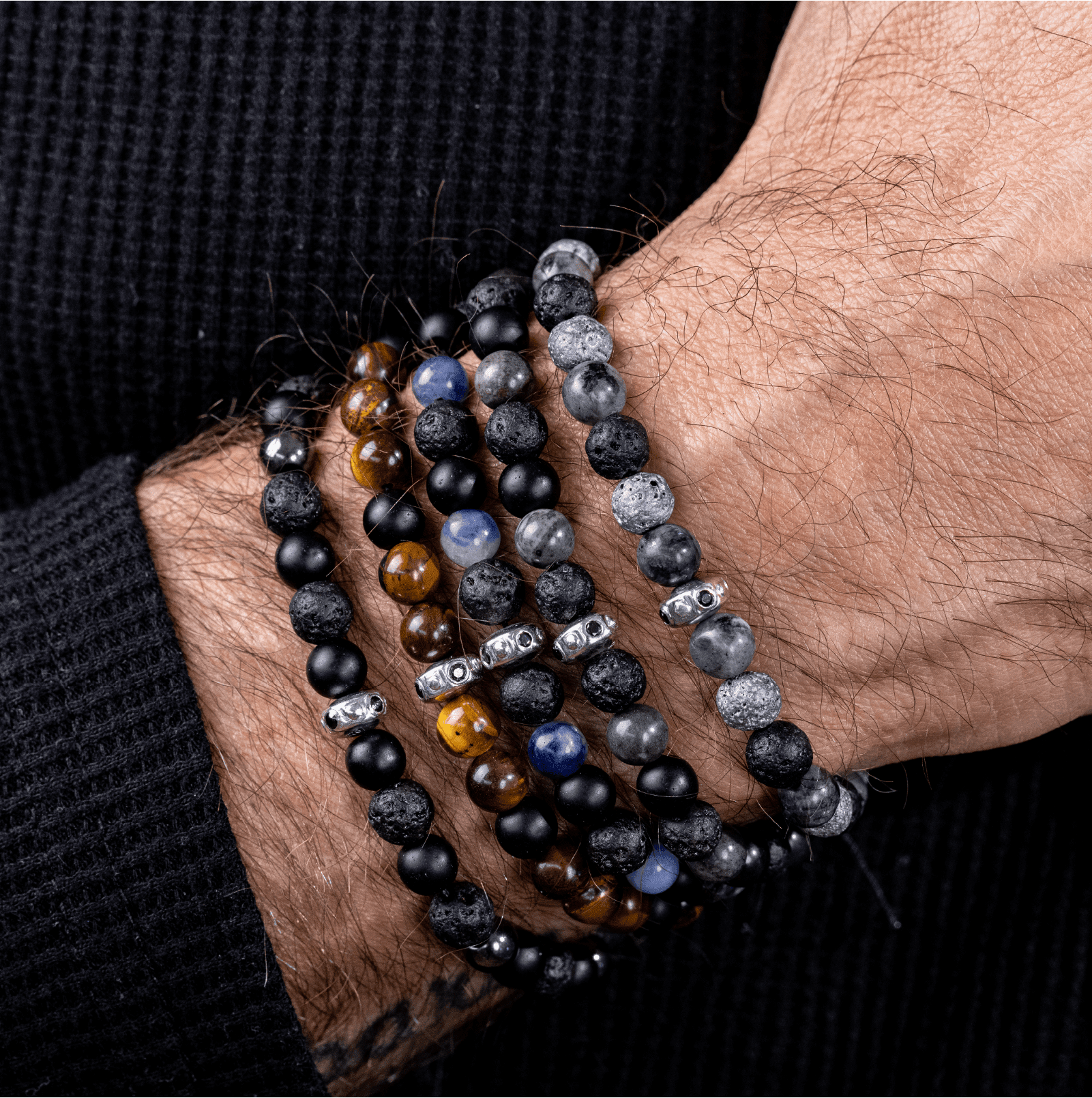 Men's Black Lava, Onyx and Hematite Beads Bracelet - 14K Rose Gold Bracelets magal-dev 