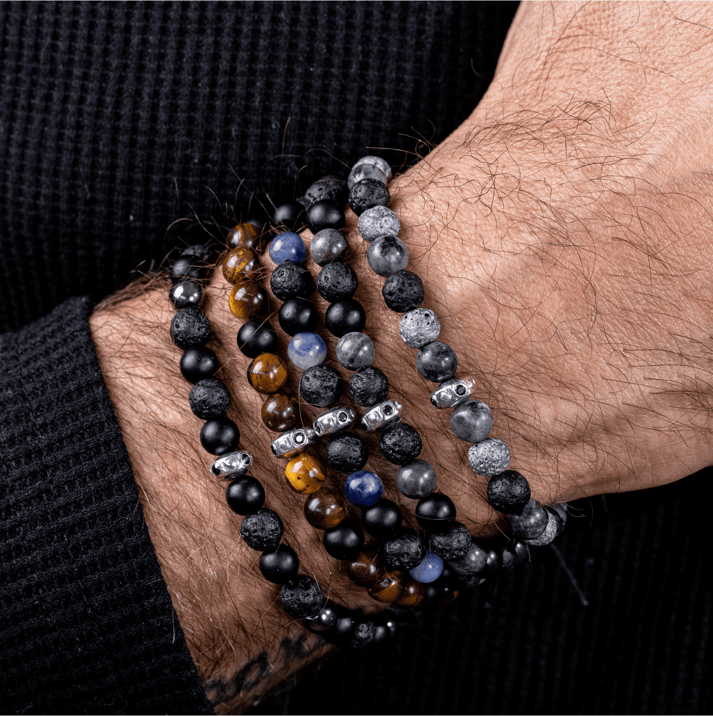 Men's Black Lava, Onyx and Hematite Beads Bracelet - 14K White Gold Bracelets magal-dev 