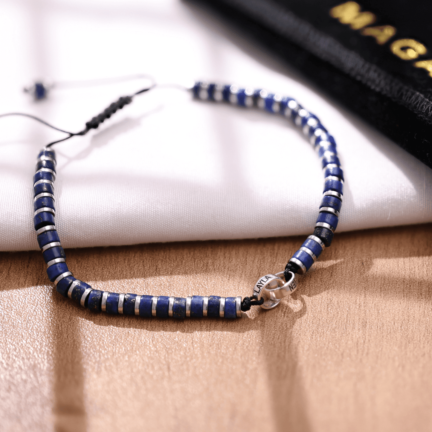 Men's Blue Lapis Disc Bead & Forever Links Bracelet - 14K White Gold Bracelets magal-dev 